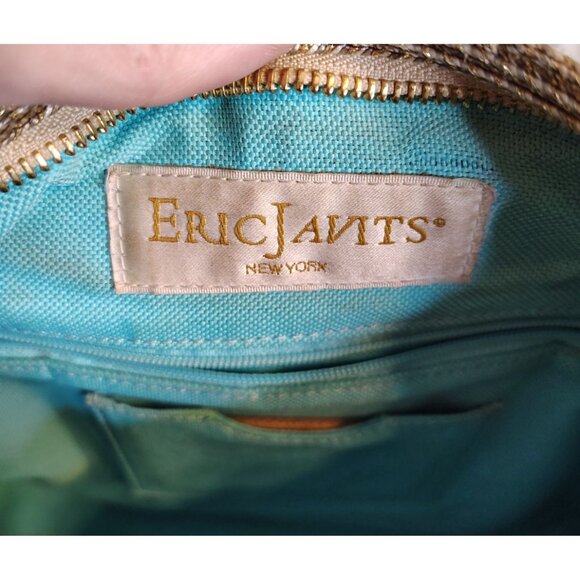 Eric Javits Gold Raffia Straw Handbag Purse, Zip Close Blue Lining Woven - Picture 5 of 6